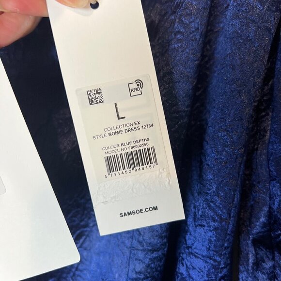 Samsøe Samsøe Nomie Gathered Textured Satin Mini Dress Size Large Navy Blue - Picture 9 of 9